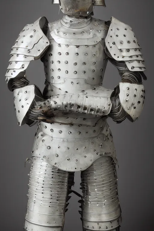 Image similar to Studio photograph of a suit of armor made of white porcelain with blue trim. 8k.