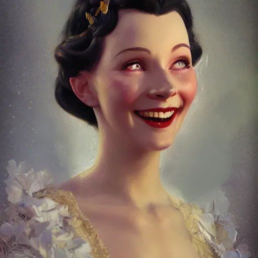 Image similar to vivien leigh smiling as snow white, au naturel, hyper detailed, digital art, trending in artstation, cinematic lighting, studio quality, smooth render, unreal engine 5 rendered, octane rendered, art style by klimt and nixeu and ian sprigger and wlop and krenz cushart