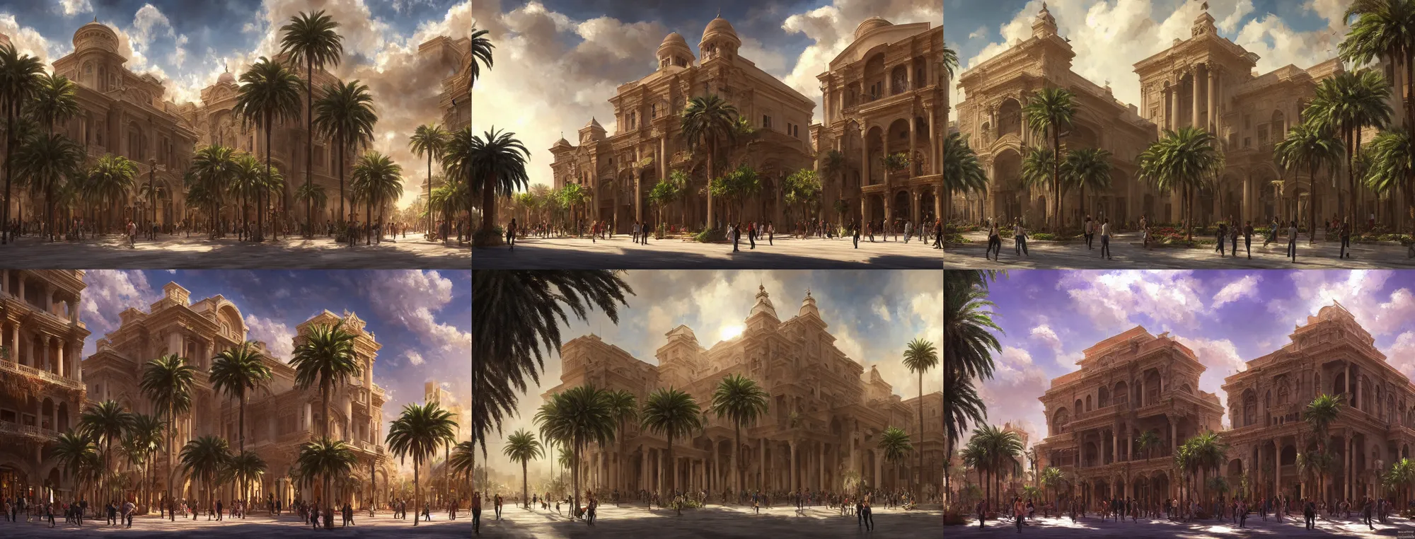 Prompt: beautiful concept art of the khedival opera house in talaat harb square cairo with beautiful dramatic clouds, dappled lighting, lush landscaping, date palm trees, shrubs and flowers. wadim kashin, shinji aramaki, marc simonetti, trending on artstation