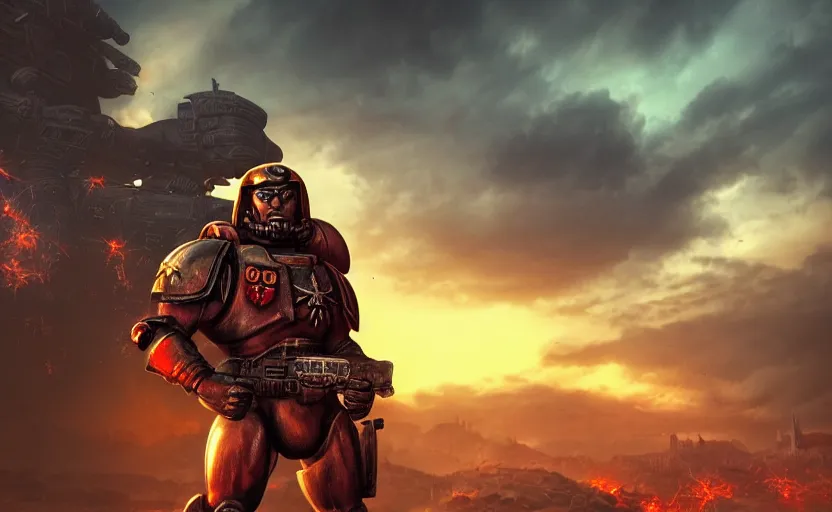 Image similar to gritty comic book cover, beautiful woman! space marine! standing atop rise, sunset lighting, war silhouette in background, hyper realism, realistic shading, cinematic composition, blender render, octane render, hdr, detailed textures, photorealistic, ultrawide shot, 1 6 mm lens