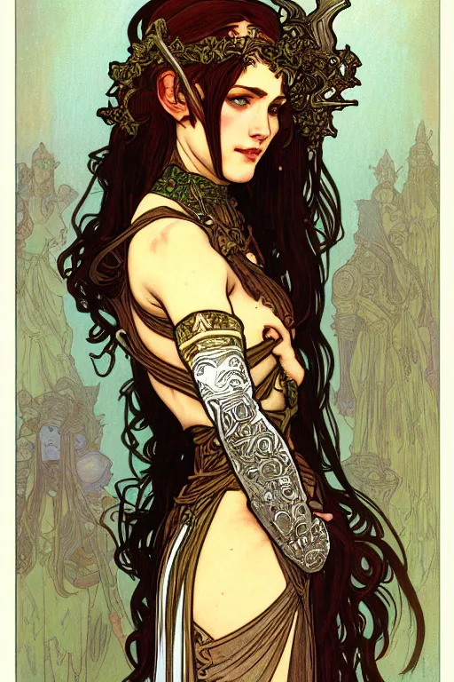 Image similar to head and shoulders portrait of an eldritch knight, elf, beautiful, female, breastplate, magical, high fantasy, d & d, by alphonse mucha, face details, extremely detailed, digital illustration