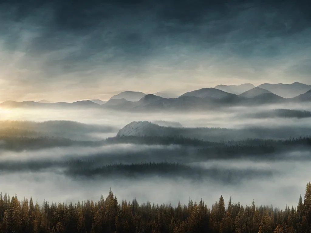 Image similar to epic crystalline taiga with a lake, golden hour, misty ground, rocky ground, distant mountains, atmospheric perspective, altostratus clouds, planets, cinematic, 3 5 mm lens, photographic, octane render, cinematography by roger deakins, in the style of ansel adams