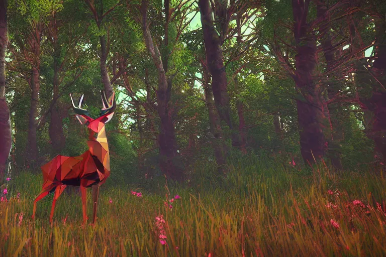 Image similar to lowpoly art of red deer in an undergrowth, unreal engine, retrowave color palette, 3 d render, lowpoly, colorful, digital art, perspective