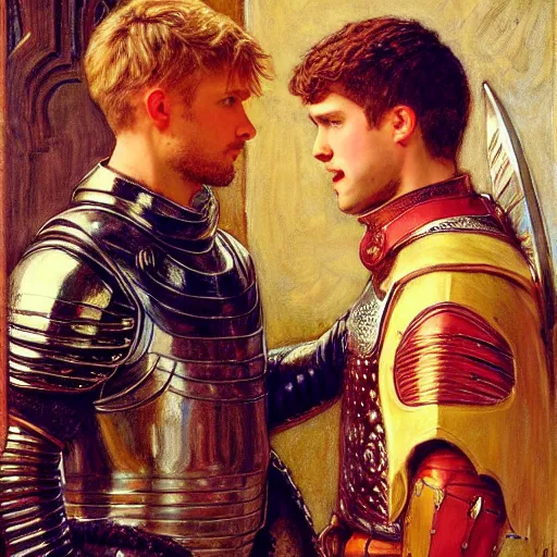 Image similar to attractive fully clothed arthur pendragon confesses his love for his attractive fully clothed male knight. highly detailed painting by gaston bussiere and j. c. leyendecker 8 k