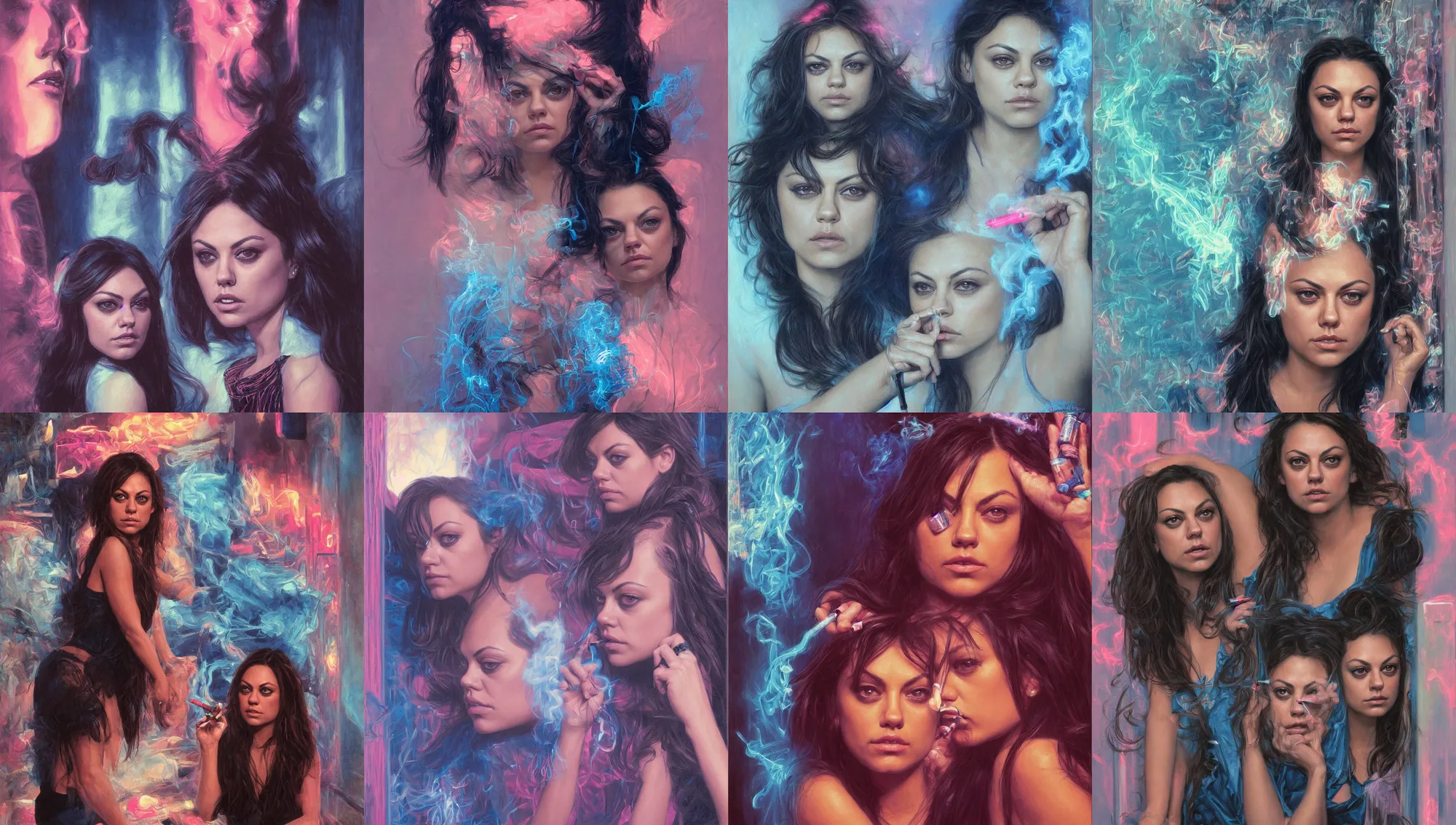 Prompt: portrait mila kunis looking into the camera leaning back against a wall smoking a cigarette, blue and pink neon lit entrance, 1 9 8 0 s, intricate, moody, tasteful, intimate, highly detailed, short focus depth, artgerm, donato giancola, joseph christian leyendecker