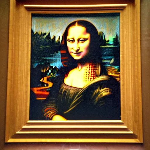 Image similar to drunk monkey drawing on mona lisa with crayons in the louvre, [ photoreal ]