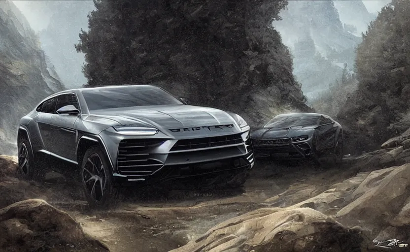 Image similar to urus supercar in montain, digital art,ultra realistic,ultra detailed, ultra wide Lens, art by greg rutkowski