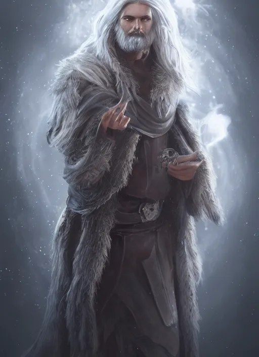 Prompt: an epic fantastic realism comic book style portrait painting of an aasimar warlock, male, shaggy silver hair, short brown beard, d & d concept art, unreal 5, daz, petrol aesthetic, octane render, cosplay, rpg portrait, dynamic lighting