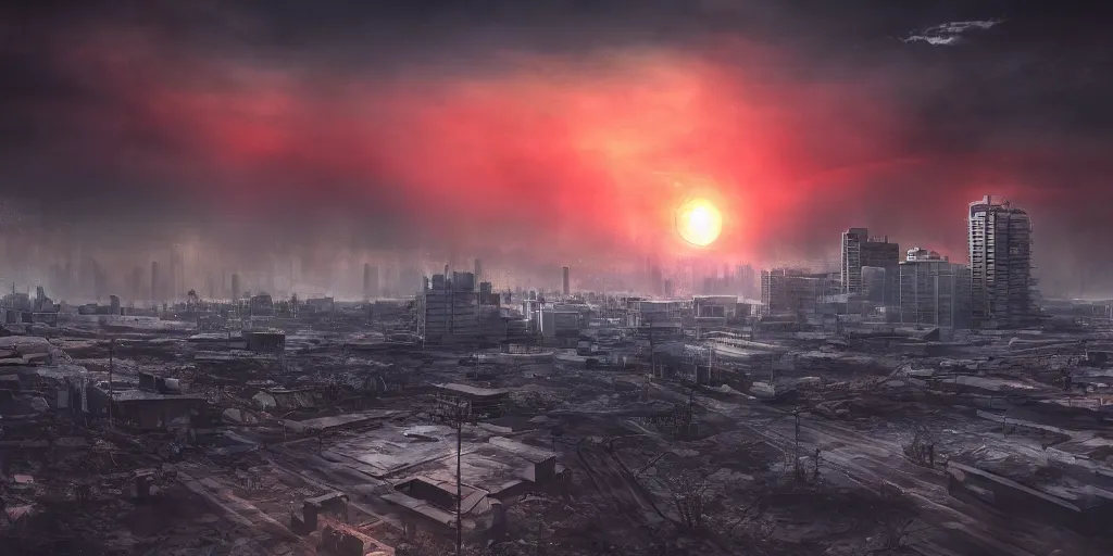 Image similar to nuclear winter, jakarta city, near future, fantasy, sci - fi, hyper realistic, serene, sunset.