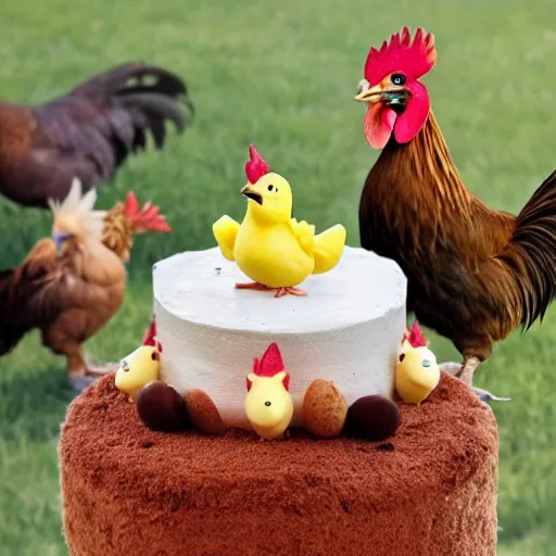 Image similar to one small hatchling baby chick and one big rooster stand near a birthday cake