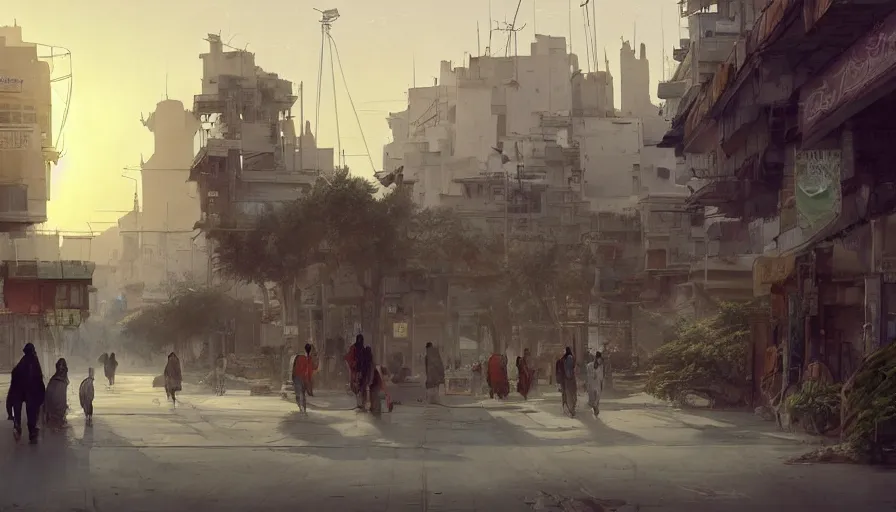 Image similar to jeddah city street, roshan, shops, a bright pharmacy, a nomad wearing a worn out coat, plants, tree, dramatic lighting, sci fi, by caspar david friedrich by james gilleard and justin gerard, centered, artstation, smooth, sharp focus, photoreal octane render, by jean baptiste monge, gustave dore, deviantart