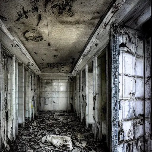 Image similar to abandoned hospital, horror photography by h. g. giger