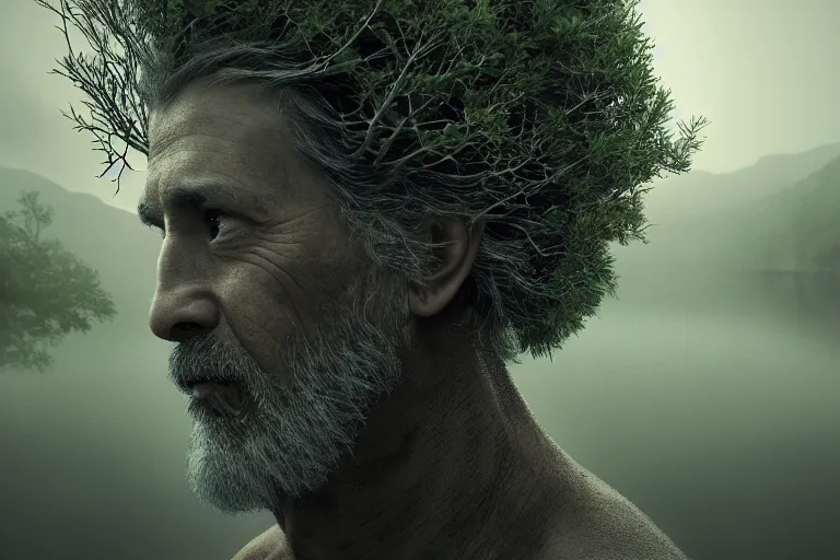 Prompt: ultra realistic, cinematic, headshot portrait, of a tree wizard, branches, facial features, background of a vast serene landscape, with trees and rivers, detailed, deep focus, movie still, dramatic lighting, ray tracing, by michal karcz and yoshitaka amano, rtx on, perfect face, intricate, sony a 7 r iv, modelsociety