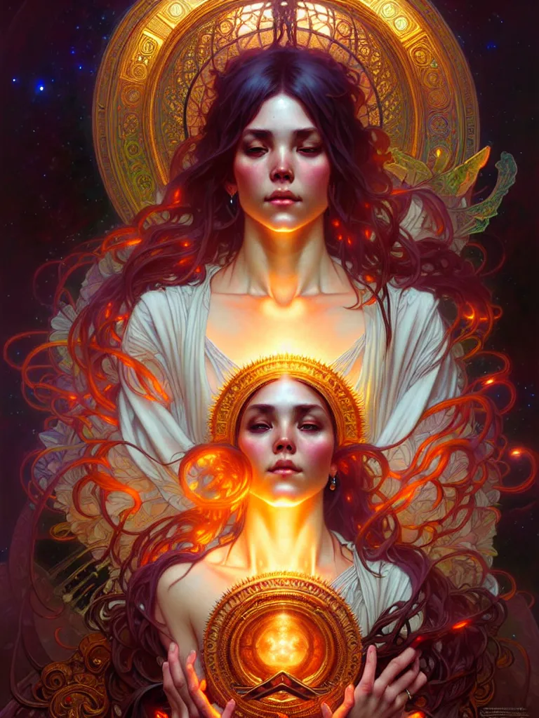 Image similar to ultra realistic, altar of cosmic goddess, intricate details, eerie, awakening, artstation, atmospheric, highly detailed, photorealistic, hyperrealism, 8k, art by artgerm and greg rutkowski and alphonse mucha