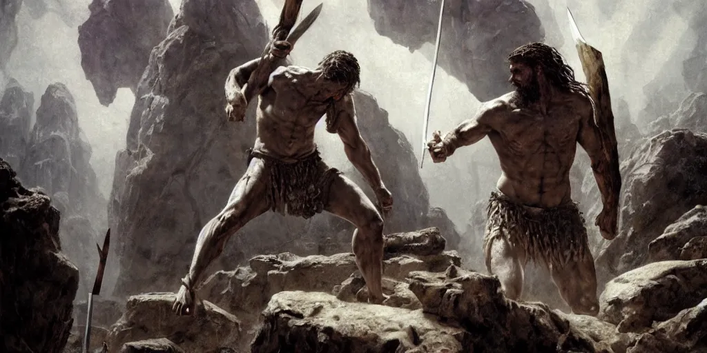 Image similar to realistic mixed media painting of biblical Cain stabbing Abel with a lance, in front of a primitive stone altar with white smoke ascending, rugged, style of Frazetta + facial symmetry + dim volumetric lighting, 8k octane beautifully detailed render, post-processing, intricate, epic composition, grim yet sparkling atmosphere, cinematic lighting + masterpiece, trending on artstation, very detailed, masterpiece, stunning