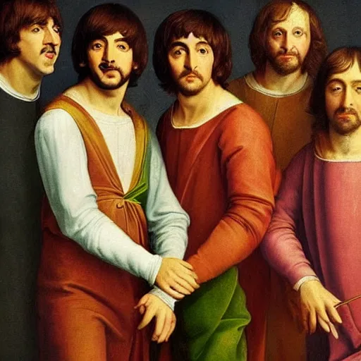 Prompt: renaissance painting of the beatles as bards