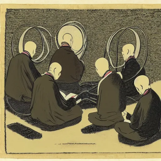 Image similar to 5 monks kneeling in a circle with wires coming out of the back of their heads connecting them to a computer in the center, dark shadowy surroundings, dystopian scifi, horror