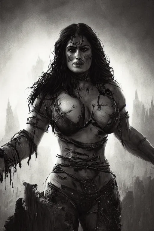 Image similar to portrait, Salma Hayek , barbarian , dressed in tattered black leather , face portrait, raphael lacoste, eddie mendoza, alex ross, concept art, matte painting, highly detailed, rule of thirds, dynamic lighting, cinematic, detailed, denoised, centred