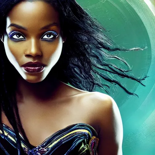 Prompt: the image is a lost hollywood film still 2 0 1 0 s photograph of a black woman with dark brown skin, long, swirling black hair, and jade colored eyes, the goddess of mischief on asgard. vibrant cinematography, anamorphic lenses, crisp, detailed image in 4 k resolution.