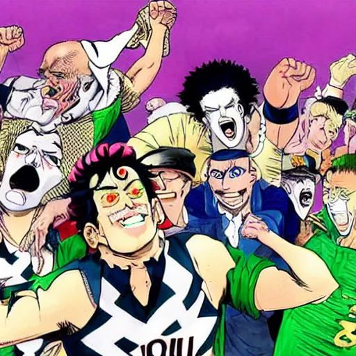 Image similar to drunk English football fans in Jojo's Bizarre Adventure by Hirohiko Araki