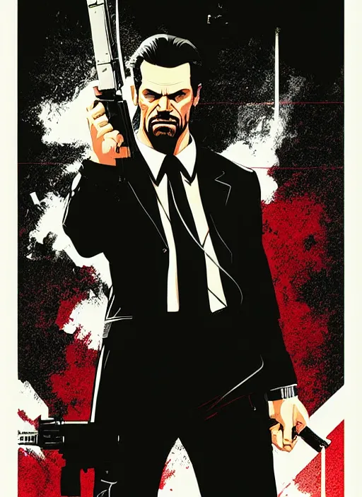 Prompt: Max Payne in a suit, poster artwork by Michael Whelan and Tomer Hanuka, retrofuturistic, clean