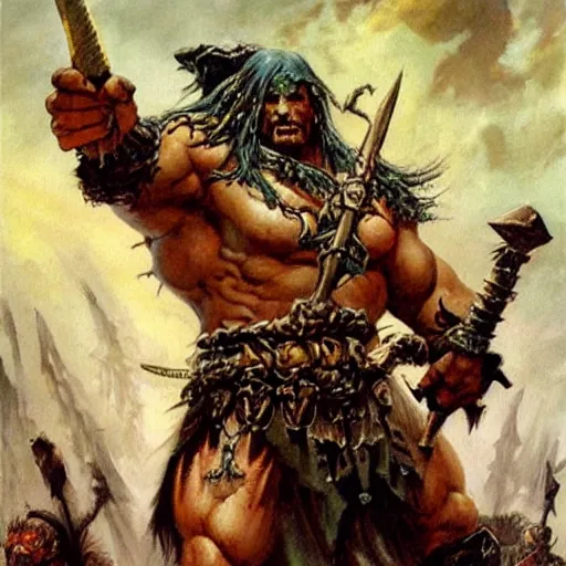 Prompt: barbarian necromancer in heroic pose,dnd, mtg,very detailed painting by Frank Frazetta