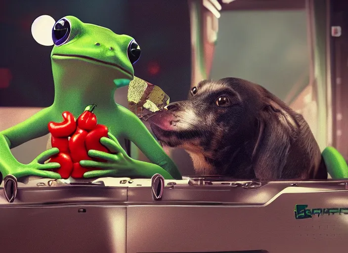 Prompt: Frog on a spaceship loves her dog next to her and gives her hot pepper, cinematic, very high quality, 8k