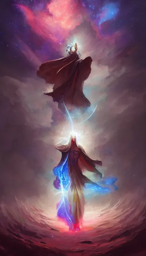 Image similar to god with a cape, epic scene, colors, holy, full body, galaxy, and, stars, atmosphere, unreal engine, pixar, video game, ethereal, insanely, detailed, volumetric, symmetrical, concept art, peter mohrbacher, charlie bowater, unreal engine, artstation, cinematic, video game, digital painting, artist maena