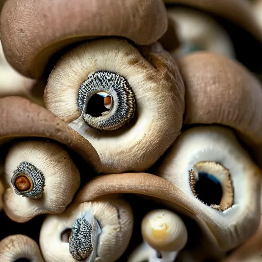 Prompt: clustered eyeballs protruding from a mushroom cap