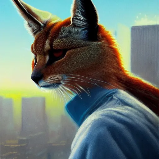 Prompt: cyberpunk, armitage, closeup portrait of a cute fluffy caracal and light blue eyes, brown buzzcut, cyborg, dramatic light, city background, sunset, dystopian setting, high contrast, sharp, neuromancer, painted by stanley lau, painted by greg rutkowski, painted by stanley artgerm, digital art, trending on artstation