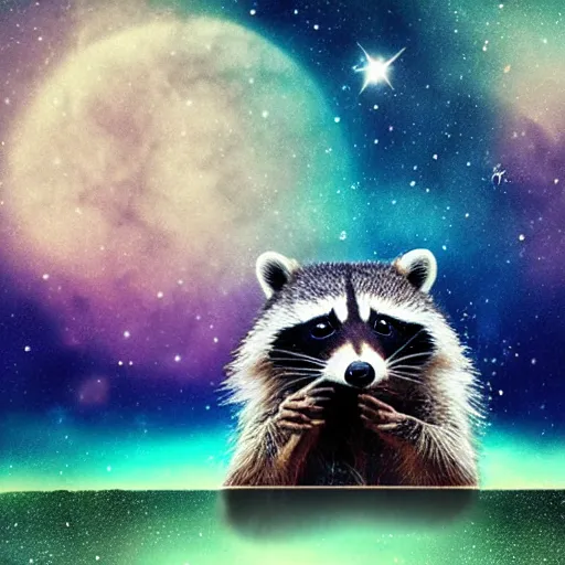 Image similar to confused raccoon floating through the cosmos, poorly photoshopped,