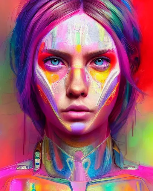 Image similar to colorful character portrait of a female hippie, set in the future 2 1 5 0 | highly detailed face | very intricate | symmetrical | professional model | cinematic lighting | award - winning | painted by mandy jurgens | pan futurism, dystopian, bold colors, cyberpunk, groovy vibe, anime aesthestic | featured on artstation