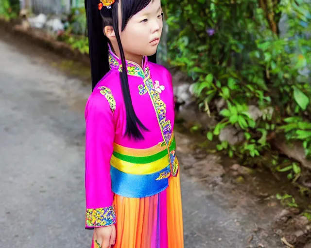 Prompt: vietnamese girl with rainbow hair wearing an ao dai