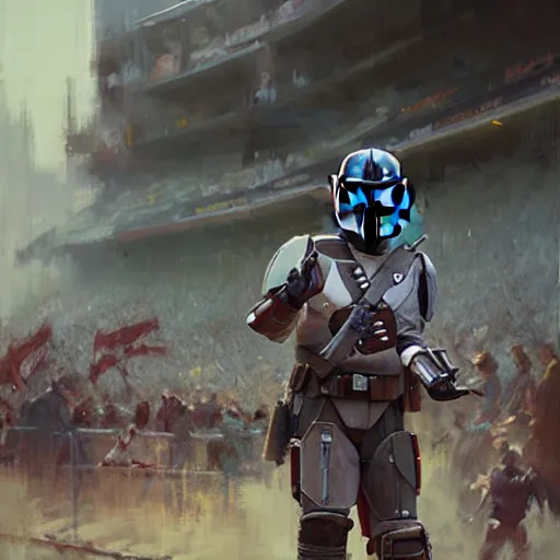 Prompt: the mandalorian, baseball game setting, by craig mullins, jeremy mann, jeremy mann.