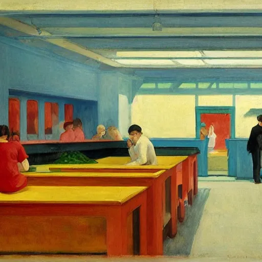 Prompt: a hawker centre, by edward hopper