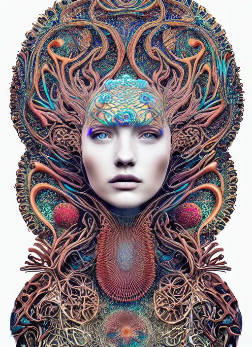 Prompt: ridiculously beautiful young womans face, radiating psychedelics, portals into dimensions, coral, birds, symmetrical, in the style of ernst haeckel, effervescent, sacred geometry, intricate linework, surrealism, photo realistic, epic and cinematic