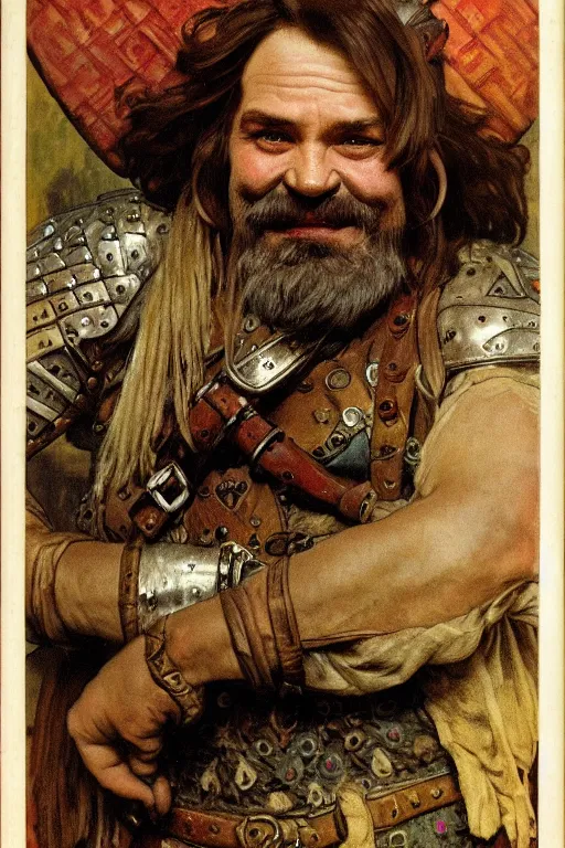 Image similar to head and shoulders portrait in a tavern of a dwarf adventurer, jovial, scarred lip, grandfatherly, leather armor, male, high fantasy, d & d, by alphonse mucha, face details, extremely detailed, vogue magazine photo