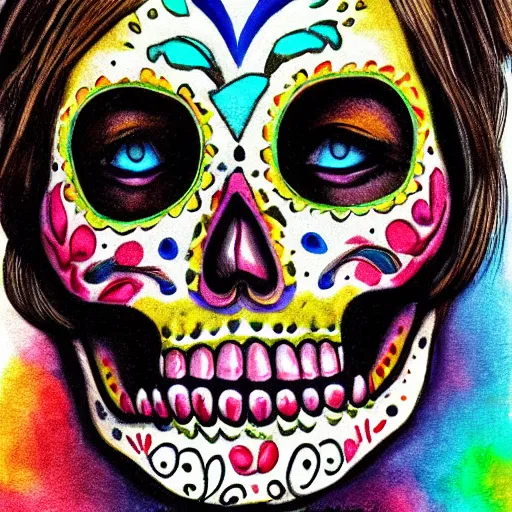 Prompt: high detail illustration, portrait of a sugar skull, atmospheric, vibrant colors, trending on deviantart