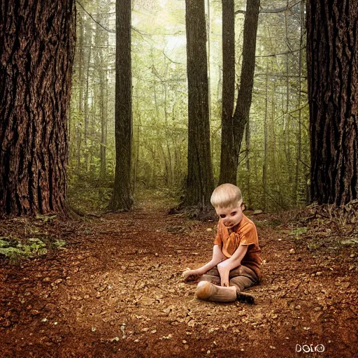 Image similar to A lost boy in the woods finds gingerbread crumbs, XF IQ4, 150MP, 50mm, f/1.4, ISO 200, 1/160s, natural light, Adobe Photoshop, Adobe Lightroom, DxO Photolab, Corel PaintShop Pro, rule of thirds, symmetrical balance, depth layering, polarizing filter, Sense of Depth, AI enhanced, sharpened, denoised, HDR, clean