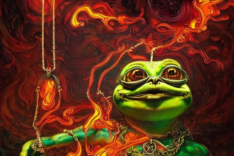 Image similar to psychedelic pepe with trinket necklace, epic angle and pose, reflective pool, symmetrical artwork, ayahuasca, translucent, fungus, energy flows of water and fire, highly detailed, epic cinematic concept art, excellent composition, dystopian brutalist atmosphere, dynamic dramatic lighting, aesthetic, very inspirational, arthouse, Greg Rutkowski, Artgerm