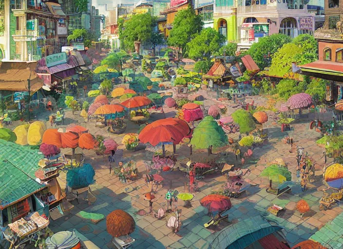 Image similar to bangkok townsquare, summer morning, very coherent and colorful high contrast, art by gediminas pranckevicius, geof darrow, dark shadows, hard lighting