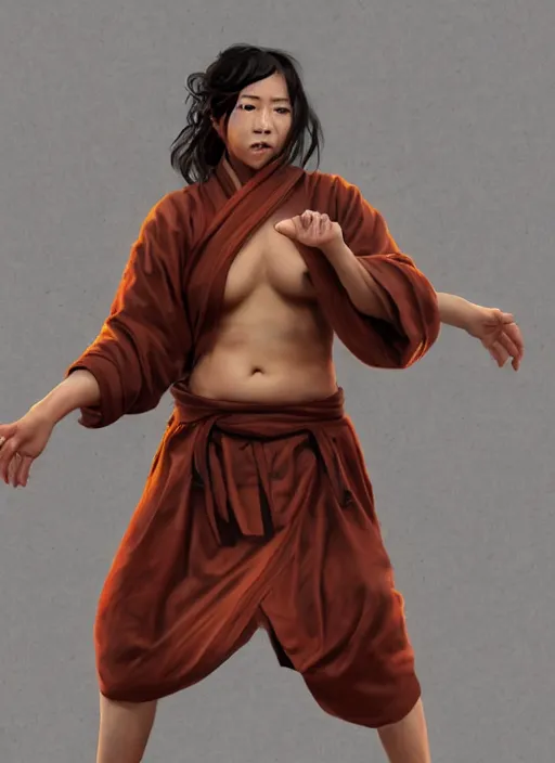 Image similar to portrait of a female drunken master monk exercising by wlop, wuxia, xianxia, drunken boxing, drunken master, weathered dark skin, athletic, playful, beautiful, fully clothed, monk's robe, detailed, realistic, anatomically accurate, fantasy illustration, artstation, wlop, hi - res, 4 k.