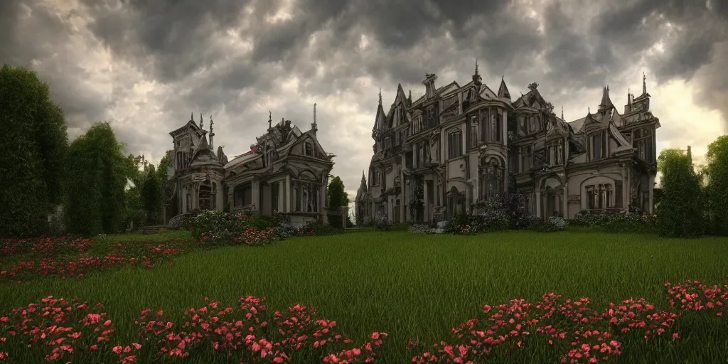 Image similar to gothic, mansion, summer clouds, dawn, flowerbeds, vines, god rays, realistic, filmic lighting, volumetric, by artstation, artemisia gentileschi, wide angle