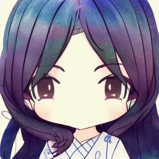 Image similar to beautiful water color concept art of face detailing cute nendoroid girl in the style of hokusai , toon rendering, close-up, no shade, modern art, kyoto animation