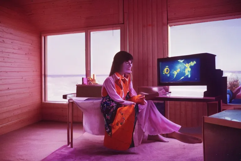 Image similar to first-person closeup view of young woman wearing discowear sitting inside of a 1970s luxury a-frame cabin with a soviet computer console on the wall and ambient lighting, large windows, an exterior of an purple evening ocean beach, ektachrome photograph, f8 aperture