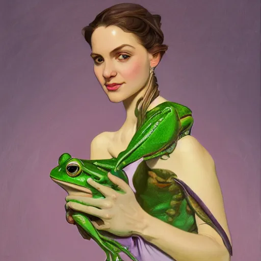 Image similar to oil painting portrait of green anthropomorphic frog wearing a lilac silk gown, highly detailed, digital painting, artstation, concept art, sharp focus, illustration, art by leyendecker and greg rutkowski and alphonse mucha