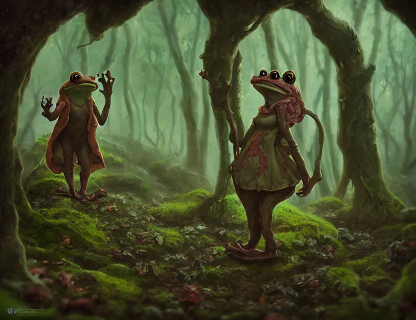 Prompt: frogfolk alchemist in the lichen woods. muted complementary colors, indie concept art, luminescent, 4 k, chiaroscuro, rimlight.