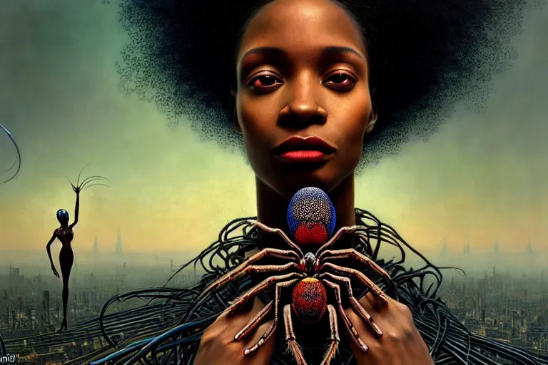 Image similar to realistic detailed photorealistic portrait movie shot of a beautiful black woman with a giant spider, dystopian city landscape background by denis villeneuve, amano, yves tanguy, alphonse mucha, ernst haeckel, jean delville, david lynch, edward robert hughes, roger dean, cyber necklace, rich moody colours, cyber patterns, wide angle