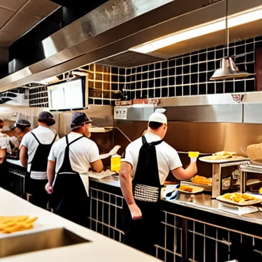 Image similar to busy wafflehouse interior with customers eating breakfast and wafflehouse employees serving food and cooking behind countertop