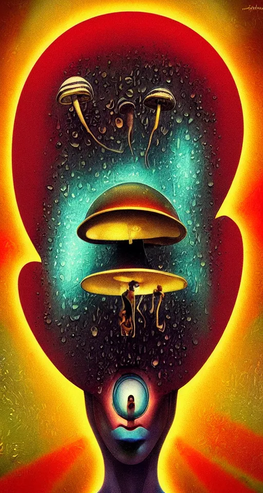 Image similar to art deco close up portait of mushroom head with big mouth surrounded by spheres, rain like a dream digital painting curvalinear fluid lines cinematic dramatic otherworldly vaporwave interesting details epic composition by artgerm basquiat